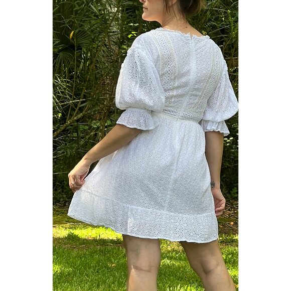 Love Sam Vivienne Eyelet Lace Mini Dress White Bohemian Cottagecore Medium - Picture 6 of 16